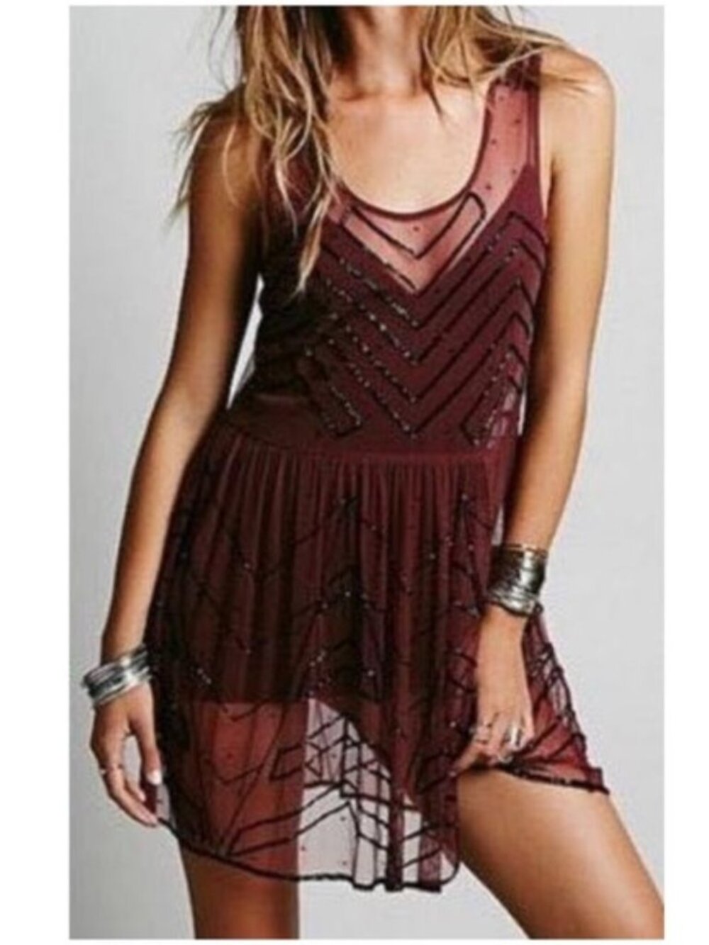 Free People Sheer Burgundy Mesh Sleeveless Beaded Slip Dress Sm